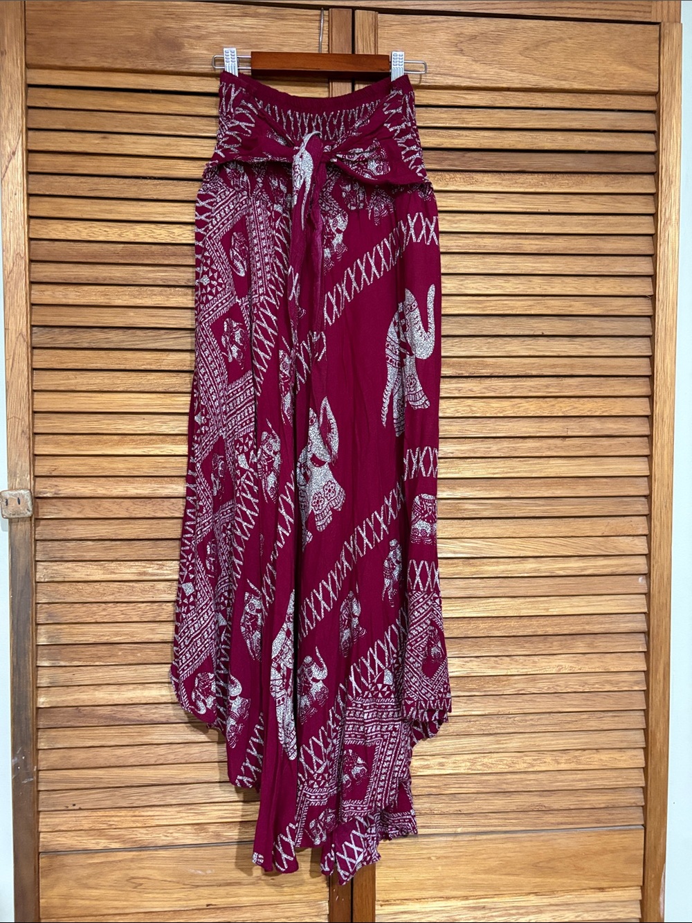 Wine Red Printed Maxi Skirt with Tie Waist